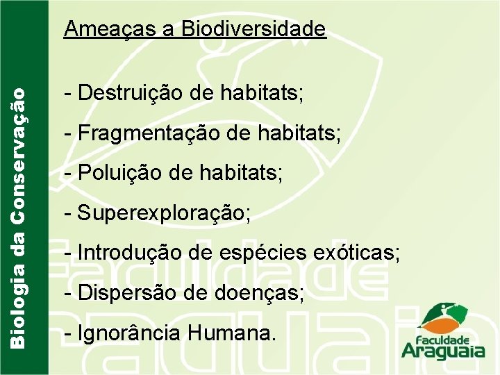 Biologia da Conservação Ameaças a Biodiversidade - Destruição de habitats; - Fragmentação de habitats;