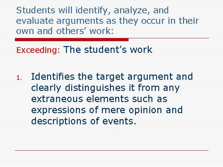 Students will identify, analyze, and evaluate arguments as they occur in their own and