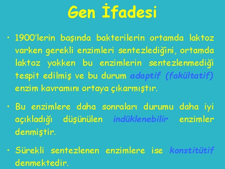 Gen İfadesi • 1900’lerin başında bakterilerin ortamda laktoz varken gerekli enzimleri sentezlediğini, ortamda laktoz