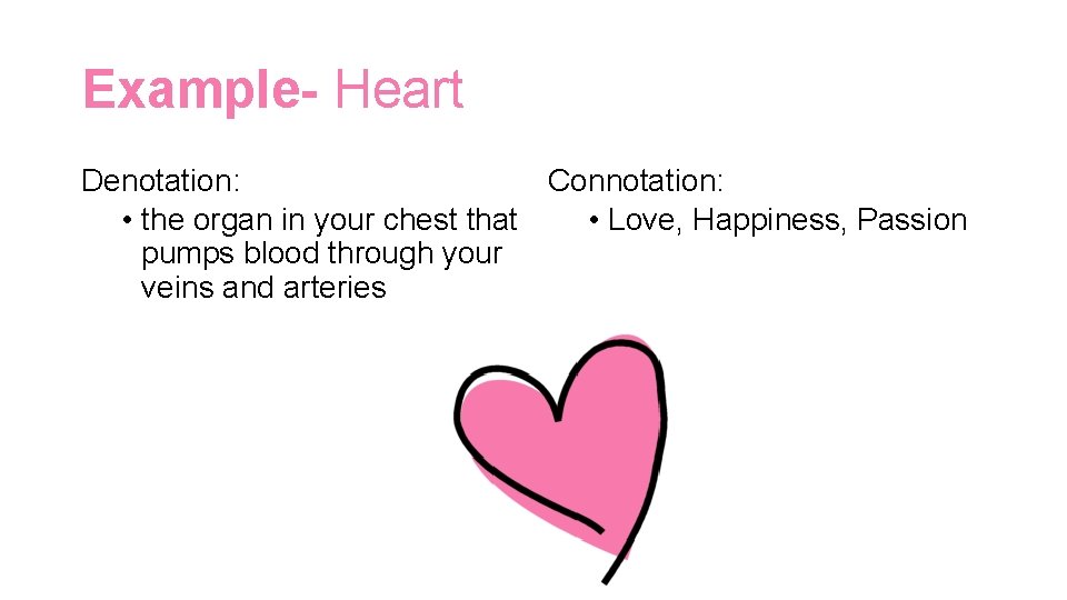 Example- Heart Denotation: Connotation: • the organ in your chest that • Love, Happiness,