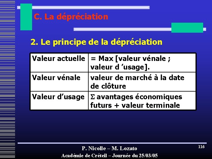 C. La dépréciation 2. Le principe de la dépréciation Valeur actuelle = Max [valeur