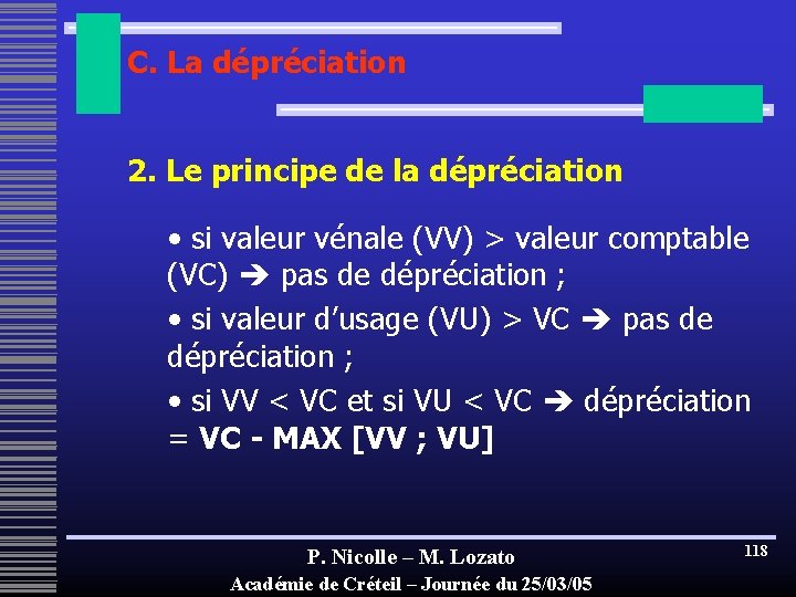 C. La dépréciation 2. Le principe de la dépréciation • si valeur vénale (VV)