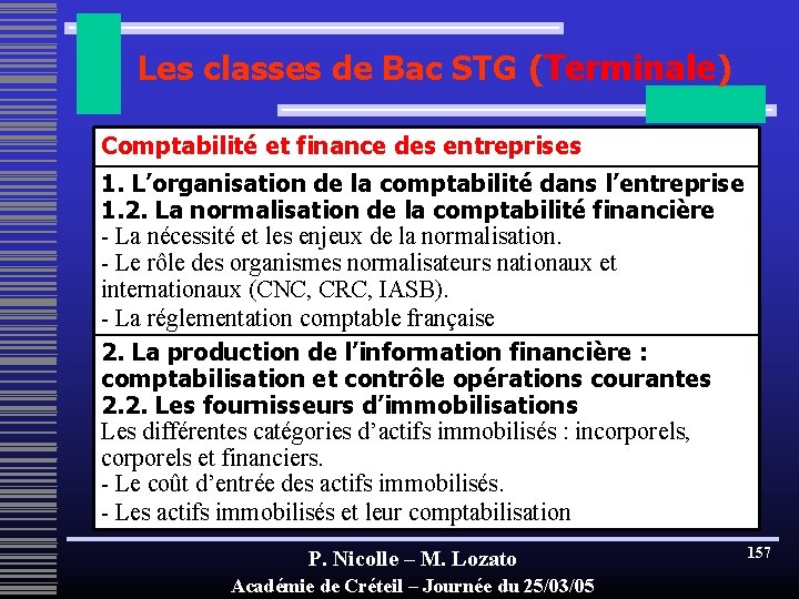  Les classes de Bac STG (Terminale) Comptabilité et finance des entreprises 1. L’organisation