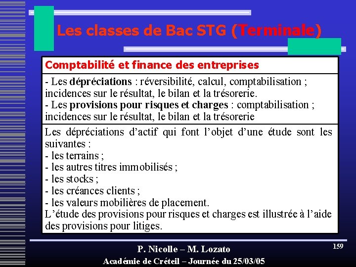 Les classes de Bac STG (Terminale) Comptabilité et finance des entreprises - Les dépréciations