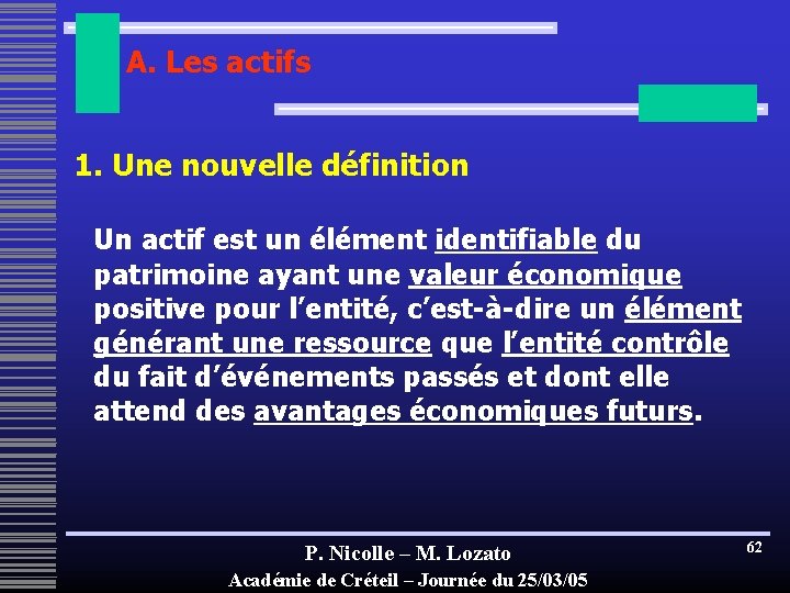 A. Les actifs 1. Une nouvelle définition Un actif est un élément identifiable du