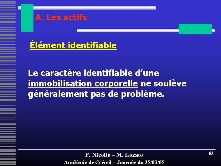 A. Les actifs Élément identifiable Le caractère identifiable d’une immobilisation corporelle ne soulève généralement