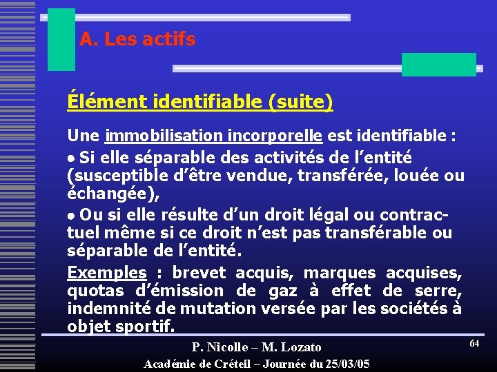 A. Les actifs Élément identifiable (suite) Une immobilisation incorporelle est identifiable : Si elle