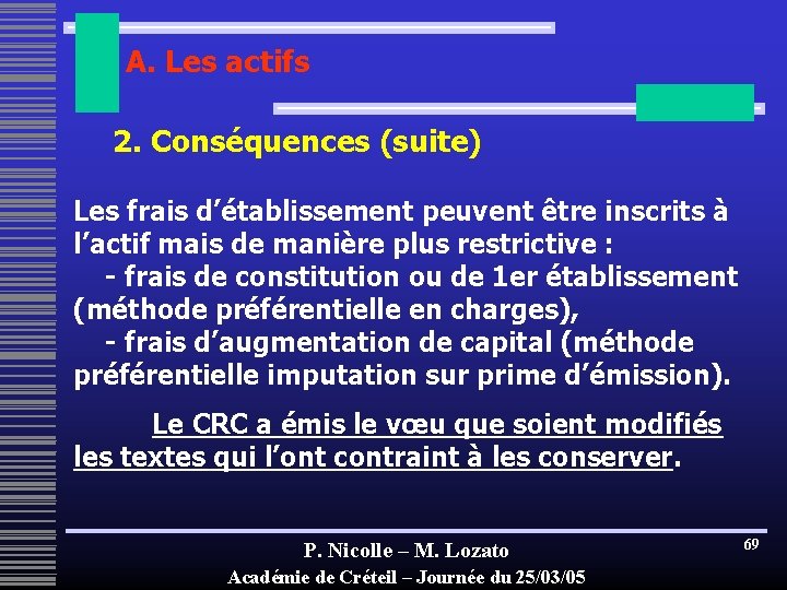 A. Les actifs 2. Conséquences (suite) Les frais d’établissement peuvent être inscrits à l’actif