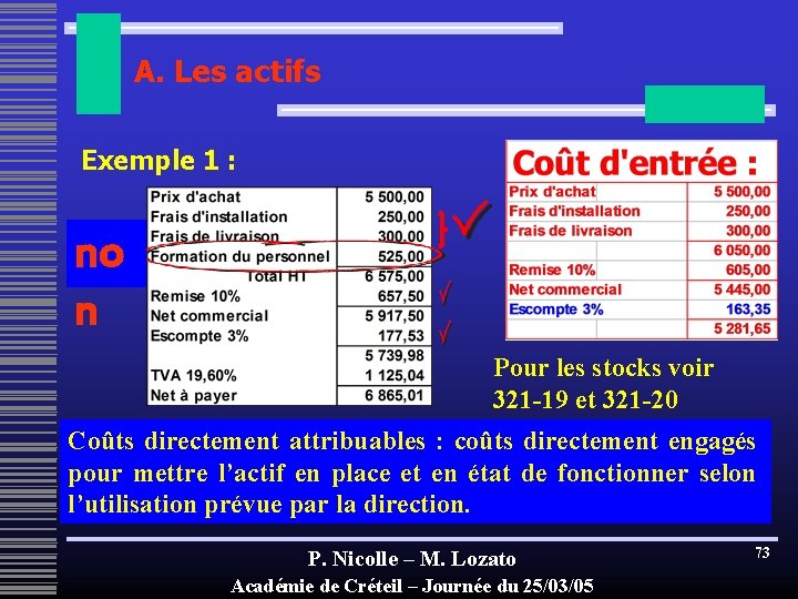 A. Les actifs Exemple 1 : no n Pour les stocks voir 321 -19