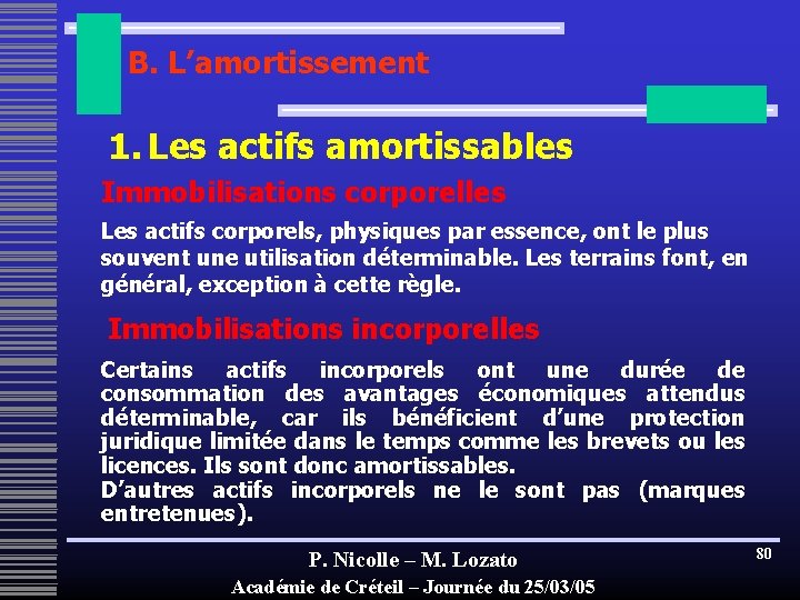 B. L’amortissement 1. Les actifs amortissables Immobilisations corporelles Les actifs corporels, physiques par essence,