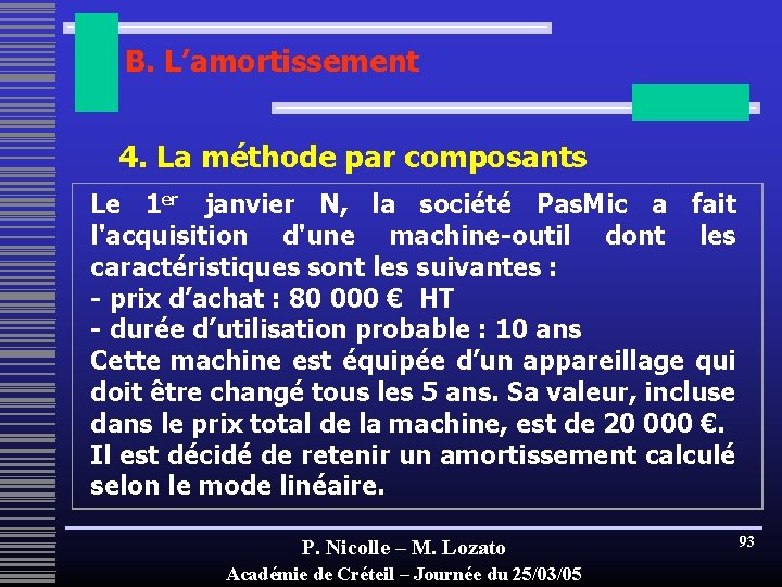 B. L’amortissement 4. La méthode par composants Le 1 er janvier N, la société