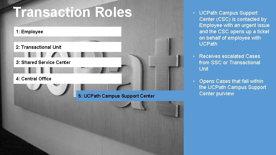 Transaction Roles 1: Employee 2: Transactional Unit • UCPath Campus Support Center (CSC) is