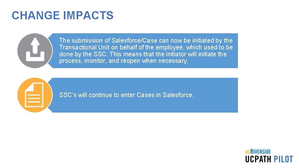 CHANGE IMPACTS The submission of Salesforce/Case can now be initiated by the Transactional Unit