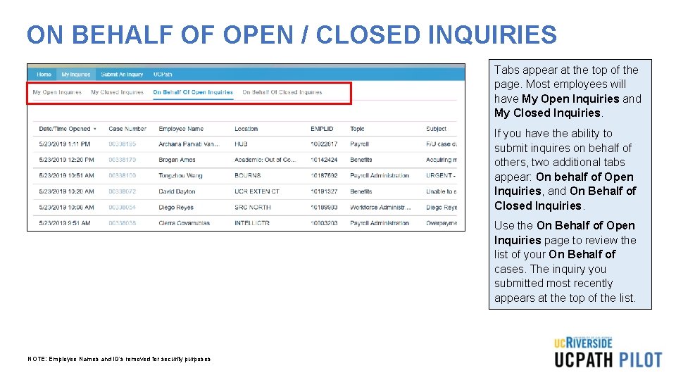 ON BEHALF OF OPEN / CLOSED INQUIRIES Tabs appear at the top of the
