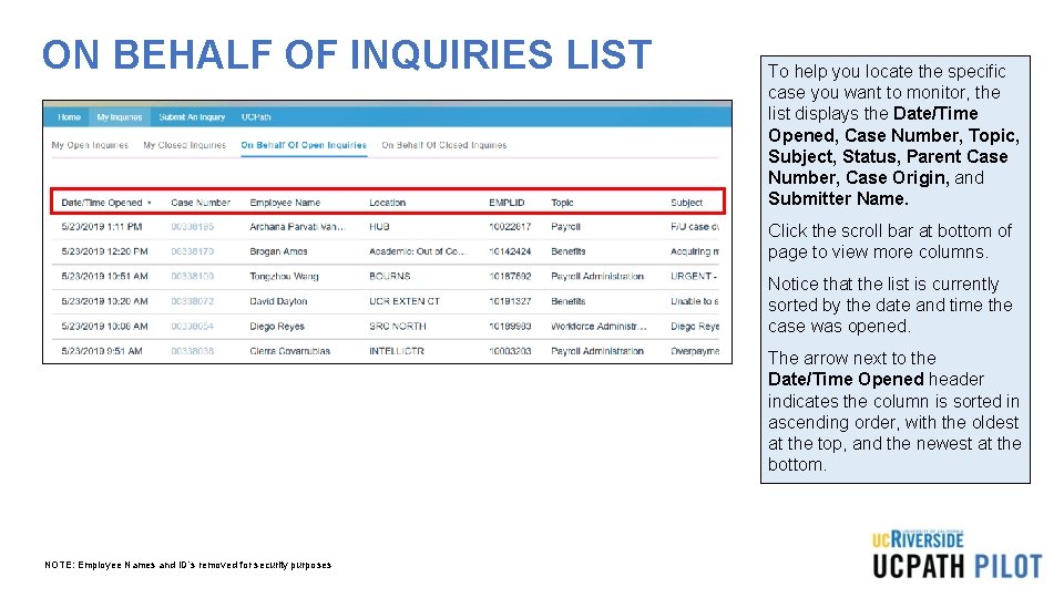 ON BEHALF OF INQUIRIES LIST To help you locate the specific case you want