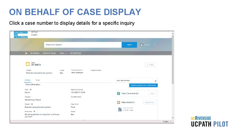 ON BEHALF OF CASE DISPLAY Click a case number to display details for a