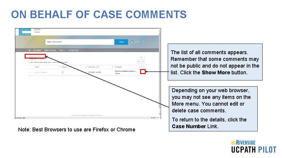 ON BEHALF OF CASE COMMENTS The list of all comments appears. Remember that some