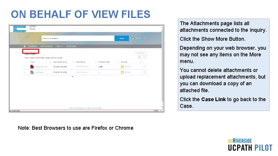 ON BEHALF OF VIEW FILES The Attachments page lists all attachments connected to the