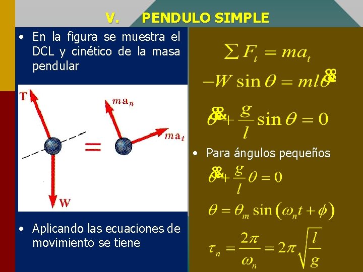 V. PENDULO SIMPLE • En la figura se muestra el DCL y cinético de
