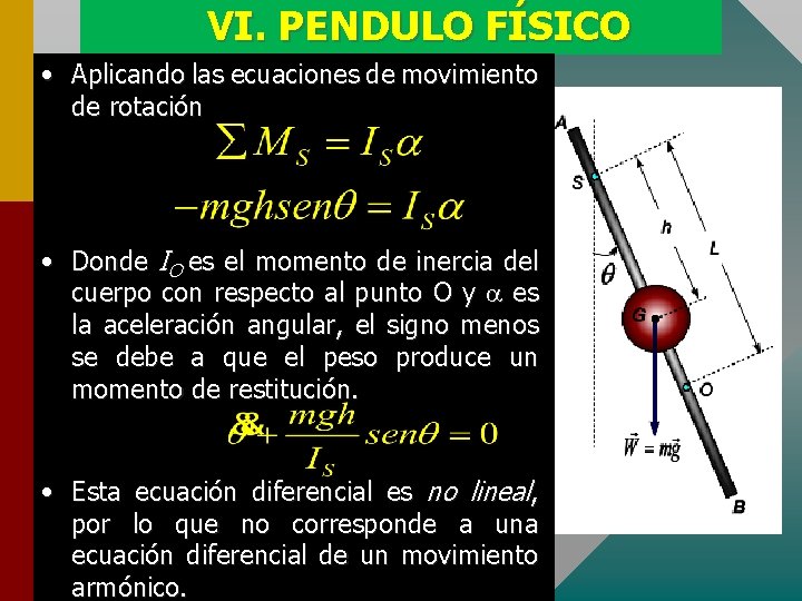 VI. PENDULO FÍSICO • Aplicando las ecuaciones de movimiento de rotación • Donde IO