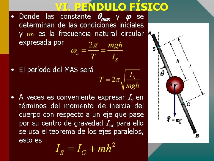 VI. PENDULO FÍSICO • Donde las constante θmax y φ se determinan de las