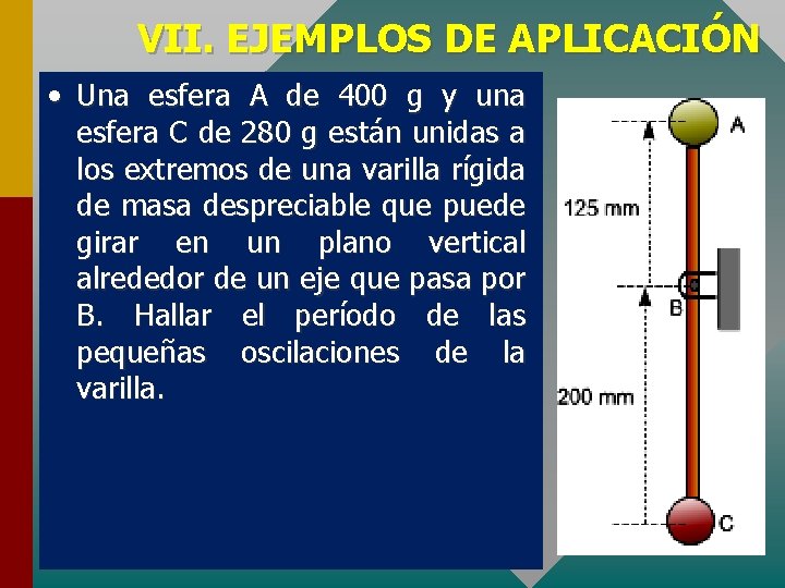 VII. EJEMPLOS DE APLICACIÓN • Una esfera A de 400 g y una esfera