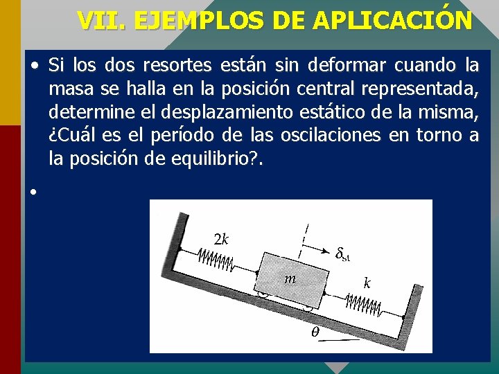 VII. EJEMPLOS DE APLICACIÓN • Si los dos resortes están sin deformar cuando la