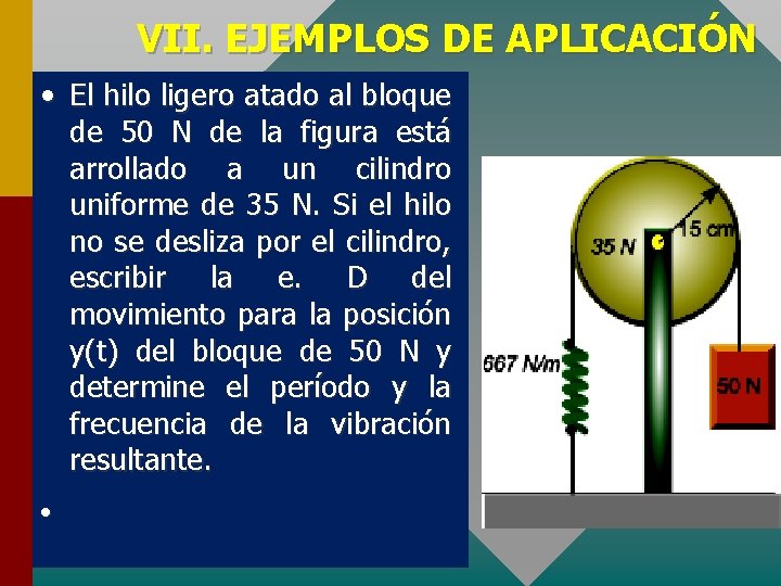 VII. EJEMPLOS DE APLICACIÓN • El hilo ligero atado al bloque de 50 N