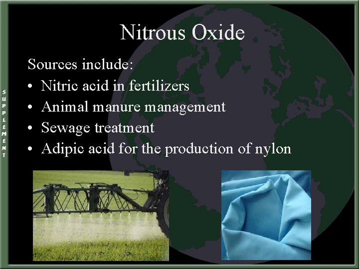 Nitrous Oxide Sources include: • Nitric acid in fertilizers • Animal manure management •