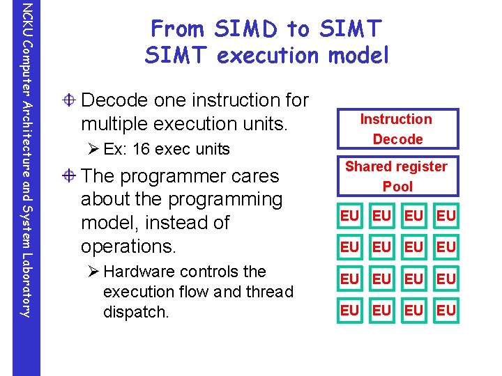 NCKU Computer Architecture and System Laboratory From SIMD to SIMT execution model Decode one