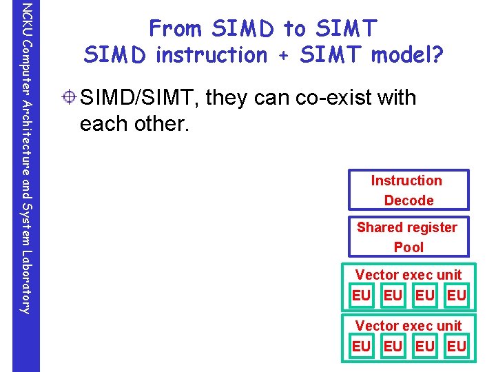 NCKU Computer Architecture and System Laboratory From SIMD to SIMT SIMD instruction + SIMT