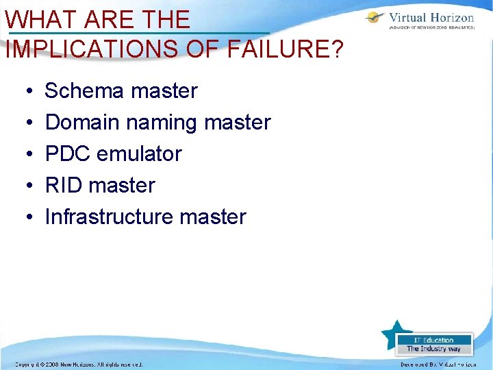 WHAT ARE THE IMPLICATIONS OF FAILURE? • • • Schema master Domain naming master