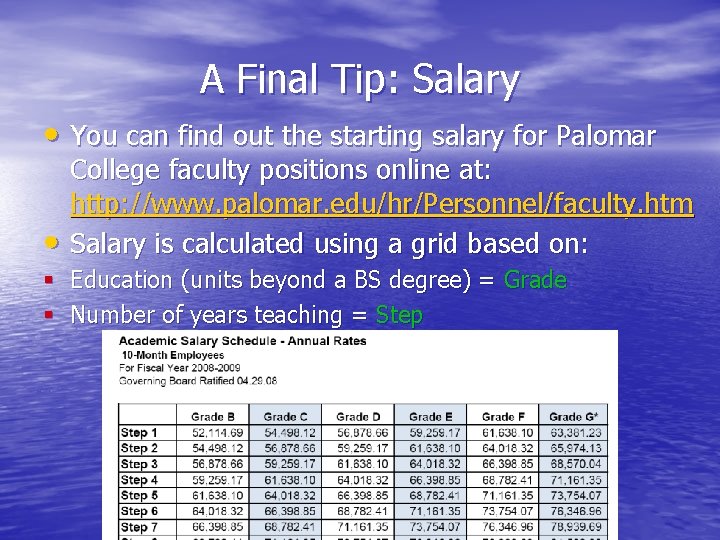 A Final Tip: Salary • You can find out the starting salary for Palomar