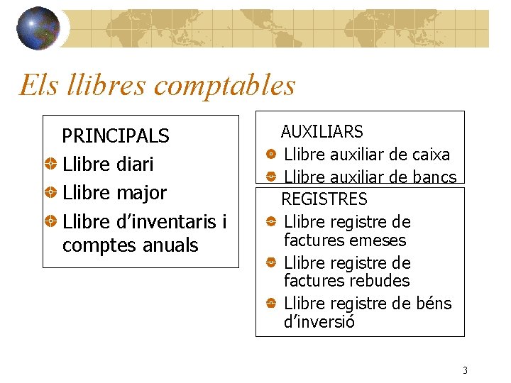 Els llibres comptables PRINCIPALS Llibre diari Llibre major Llibre d’inventaris i comptes anuals AUXILIARS