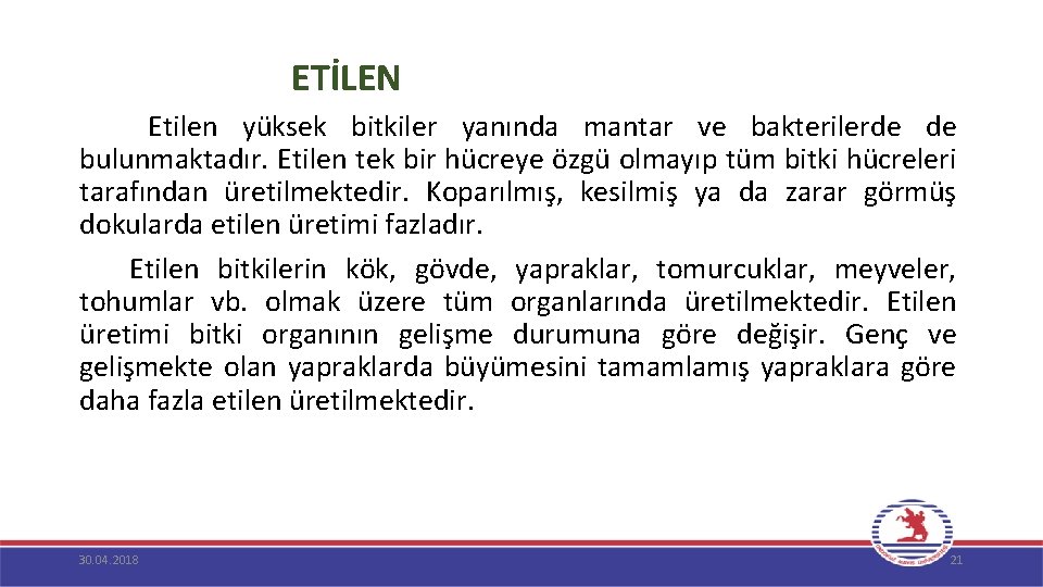  ETİLEN Etilen yüksek bitkiler yanında mantar ve bakterilerde de bulunmaktadır. Etilen tek bir