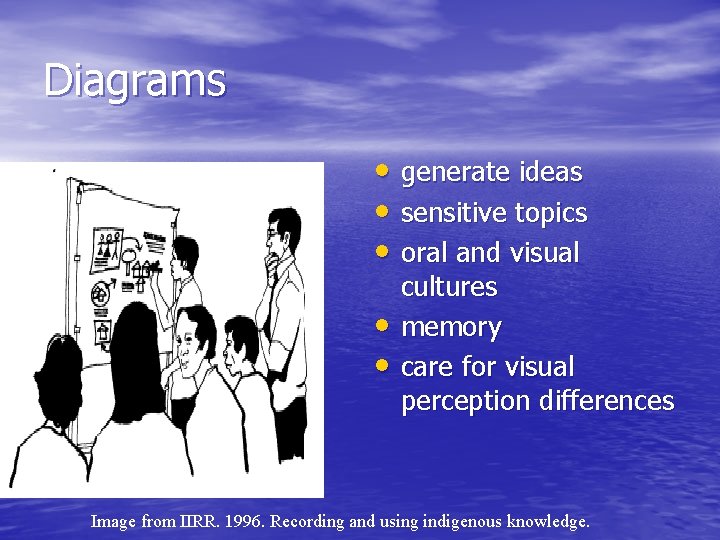 Diagrams • generate ideas • sensitive topics • oral and visual • • cultures