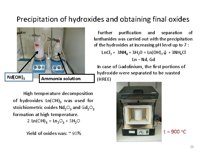 Precipitation of hydroxides and obtaining final oxides Further purification and separation of lanthanides was