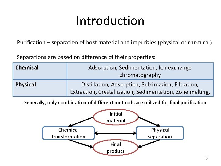 Introduction Purification – separation of host material and impurities (physical or chemical) Separations are