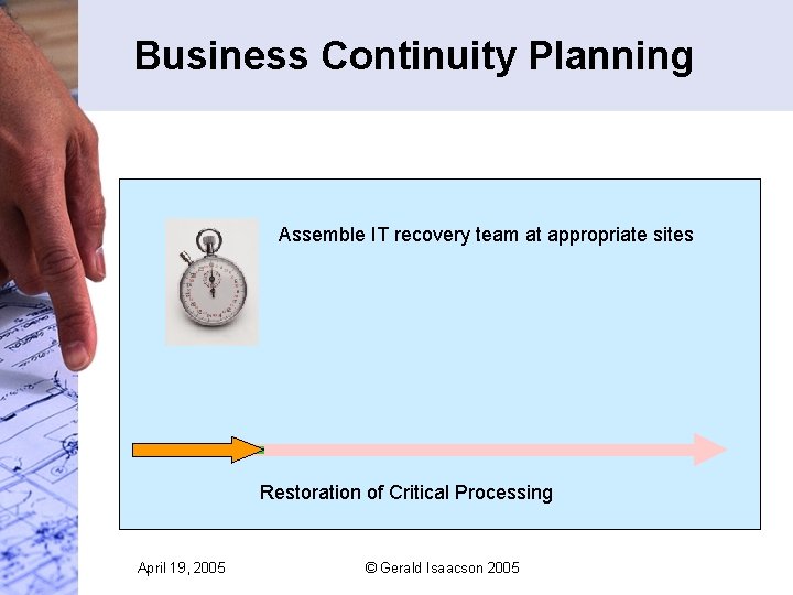 Business Continuity Planning Assemble IT recovery team at appropriate sites Restoration of Critical Processing