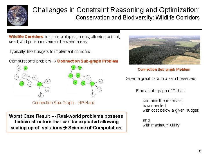 Challenges in Constraint Reasoning and Optimization: Conservation and Biodiversity: Wildlife Corridors link core biological