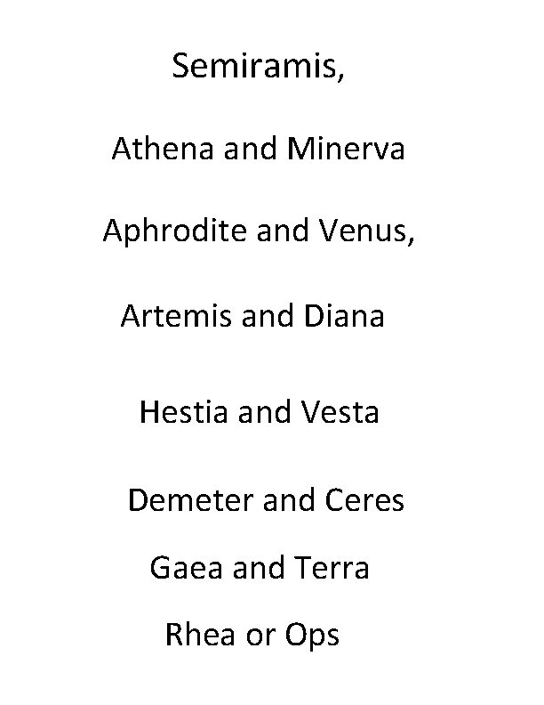 Semiramis, Athena and Minerva Aphrodite and Venus, Artemis and Diana Hestia and Vesta Demeter