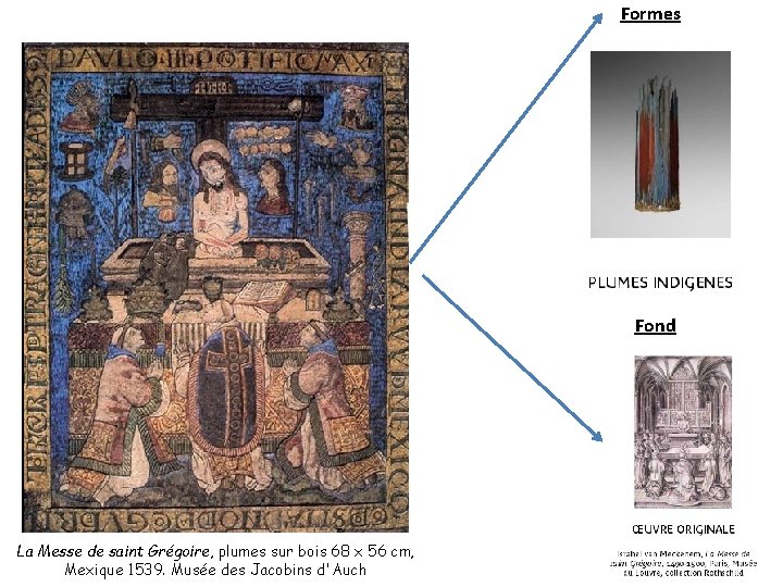 Formes Fond La Messe de saint Grégoire, plumes sur bois 68 x 56 cm,