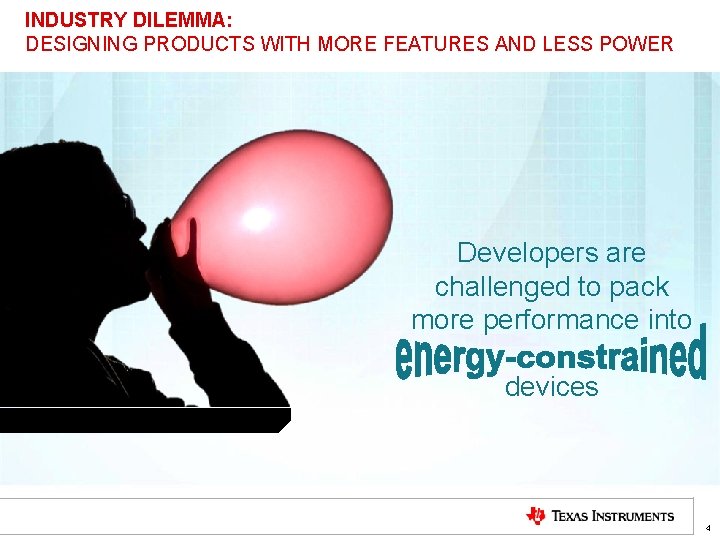 INDUSTRY DILEMMA: DESIGNING PRODUCTS WITH MORE FEATURES AND LESS POWER Developers are challenged to