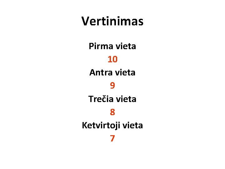 Vertinimas Pirma vieta 10 Antra vieta 9 Trečia vieta 8 Ketvirtoji vieta 7 