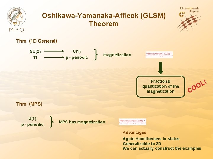 Oshikawa-Yamanaka-Affleck (GLSM) Theorem Thm. (1 D General) SU(2) TI U(1) p - periodic magnetization