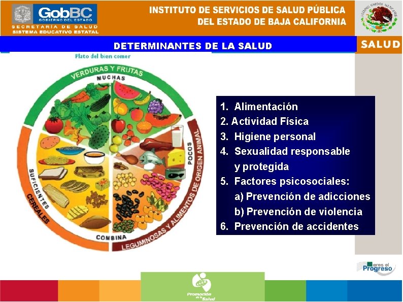 DETERMINANTES DE LA SALUD 1. Alimentación 2. Actividad Física 3. Higiene personal 4. Sexualidad