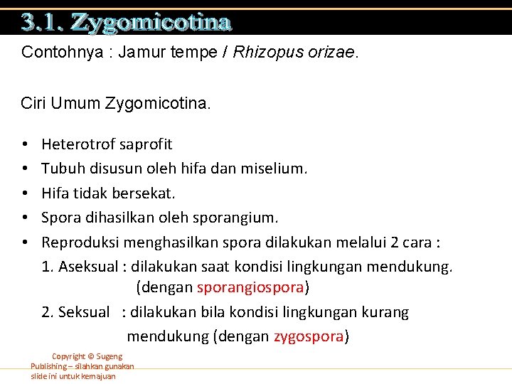 Contohnya : Jamur tempe / Rhizopus orizae. Ciri Umum Zygomicotina. Heterotrof saprofit Tubuh disusun