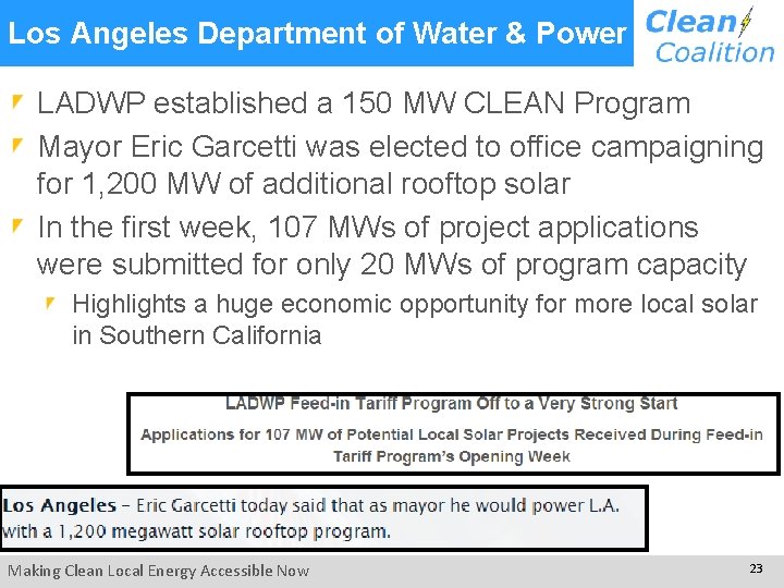 Los Angeles Department of Water & Power LADWP established a 150 MW CLEAN Program