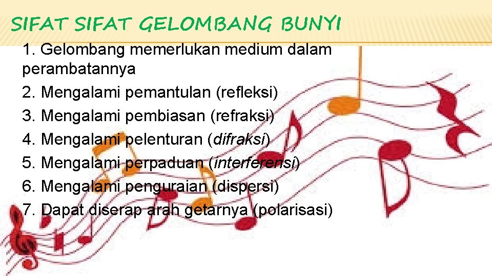 SIFAT GELOMBANG BUNYI 1. Gelombang memerlukan medium dalam perambatannya 2. Mengalami pemantulan (refleksi) 3.