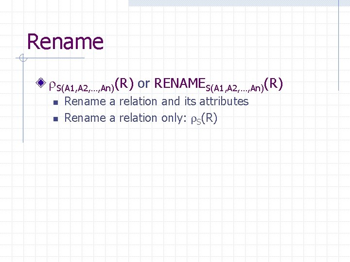 Rename S(A 1, A 2, …, An)(R) or RENAMES(A 1, A 2, …, An)(R) Rename S(A 1, A 2, …, An)(R) or RENAMES(A 1, A 2, …, An)(R)